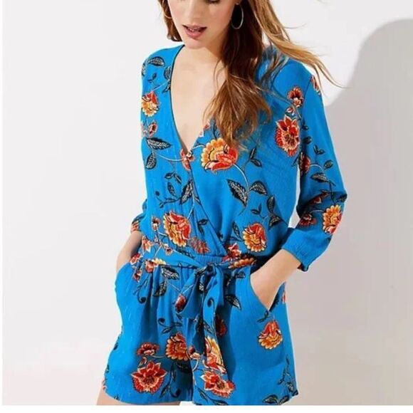 Loft Beach Womens Shimmer Garden Floral Beachy Blue Pockets Lightweight Romper - Picture 5 of 16